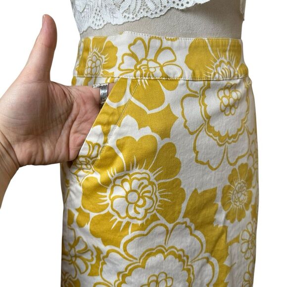 Boden Yellow Floral High Waist Pencil Skirt 4 | Cotton Blend Mod Retro Pockets - Picture 5 of 12
